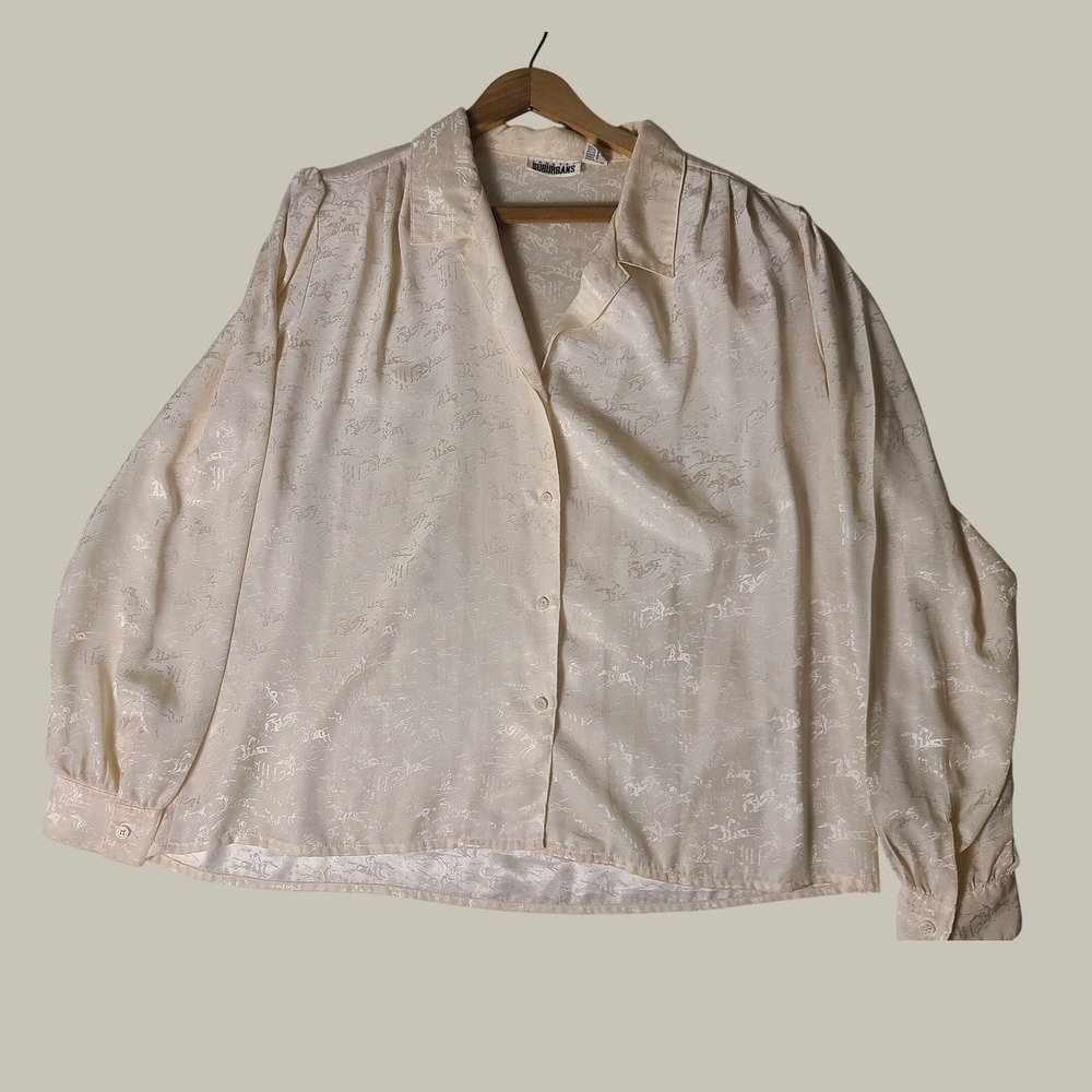 VTG Country Suburbans Blouse Wm 16 Cream Equestrian Horse Jacquard Old Money